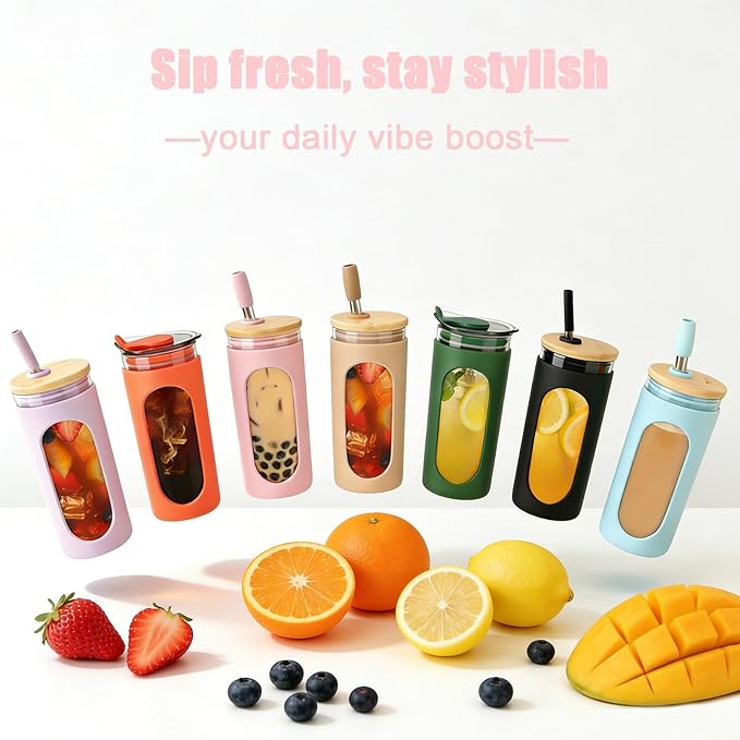 Sursip 20 oz Glass Tumbler with Lids and Straws, Reusable Borosilicate Glass Iced Coffee Cup with Bamboo Lid for Smoothie Boba Juice,Travel BPA-Free - Orange