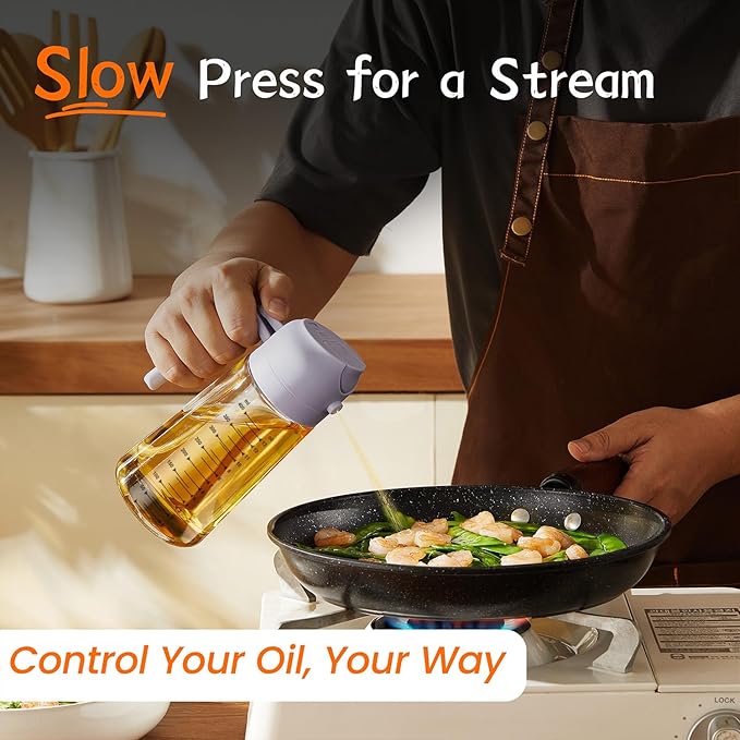 TrendPlain 16oz/470ml Glass Olive Oil Sprayer for Cooking - 2 in 1 Olive Oil Dispenser for Kitchen Gadgets, Air Fryer, Salad, and BBQ - Periwinkle