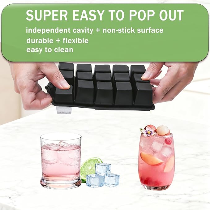 Ice Cube Trays for Freezer, 2 Pack Easy Release Slicone Ice Cube Tray with Lid, BPA Free Stackable Flexible Ice Molds 15 Square Reusable Ice Cubes for Whiskey, Baby Food, Iced Coffee (Black)