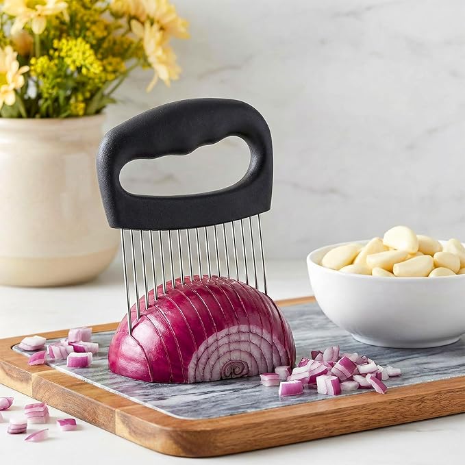 Extra Large Onion Holder for Slicing Tomato Slicer With 16 Long Needles Cutter Onion Slicer Holder Vegetable Chopper Tomato Potato Meat Tenderizer Stainless Steel Black