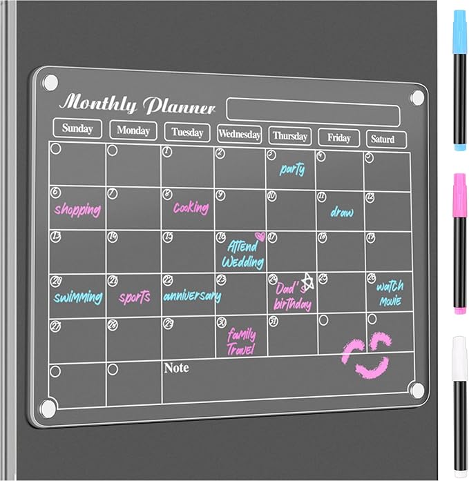 DIYMAG Magnetic Calendar for Refrigerator Dry Erase Wall Planners 15.2"x11.2" Magnet Fridge Monthly White Board Planning Acrylic Clear Chalkboard Apartment Decor Meal Planner with 3 Colors Markers