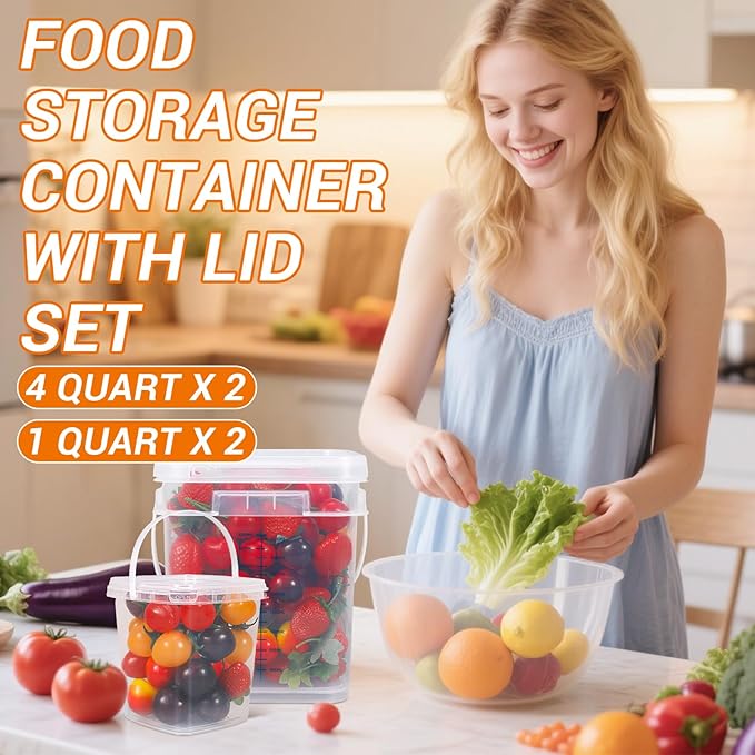 1 Gallon Square Food Storage Containers with Lids Clear Plastic Bucket 5 Pack Kitchen Storage