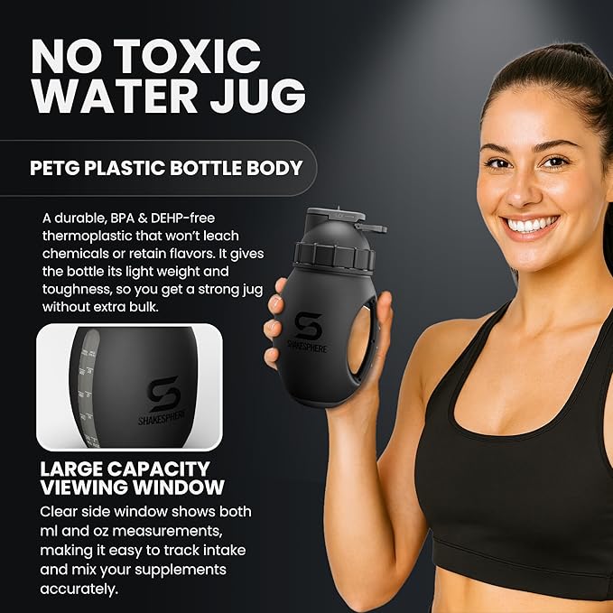 SHAKESPHERE Protein Shaker Bottle Jug 1.3L – Double Walled, Leak Proof Gym & Mixer Bottle, BPA-Free, Durable Design with Easy-Grip Handle, Silicone Base, and Clear Viewing Window – Matte Black
