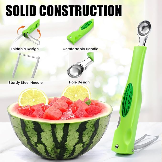 OLESBUR Premium Watermelon Cutter - 3 in 1 Watermelon Cutter Slicer Tool - Foldable Watermelon Slicer - Fruit Cutter for Kitchen Gadgets - Stainless Steel Watermelon Knife - Melon Baller Scoop