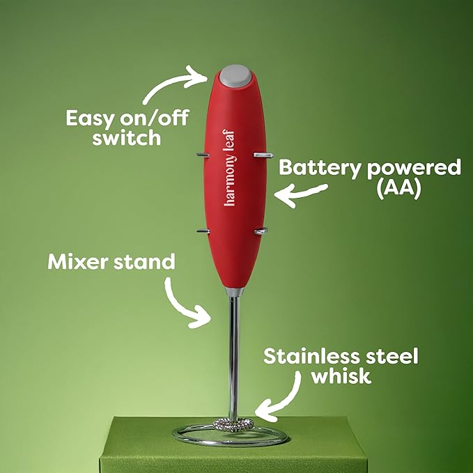 Harmony Leaf Handheld Milk Frother, Stainless Steel Electric Drink Mixer with Stand, Battery Operated Coffee Frother for Lattes, Matcha, Hot Chocolate and More, Red