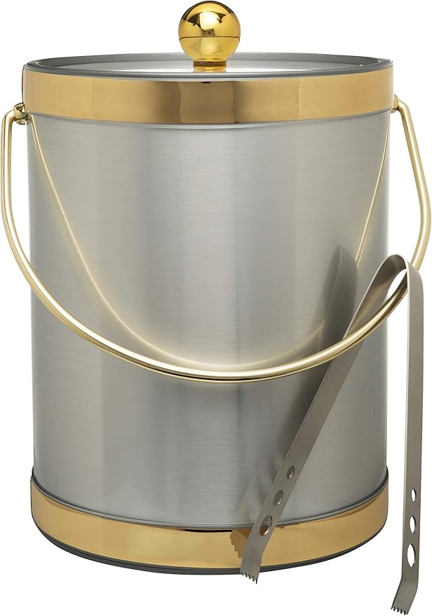 Made In USA Metallic Deco Collection Double Walled Insulated Ice Bucket With Ice Tongs (5-Quart, Silver & Gold)