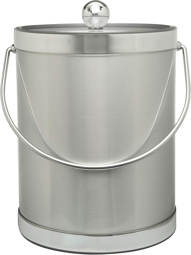 Made In USA Metallic Deco Collection Double Walled Insulated Ice Bucket With Ice Tongs (5-Quart, Silver)