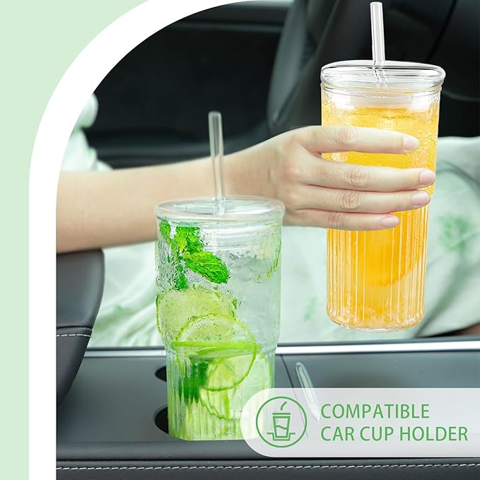 Luiaiog Glass Cups with Lids and Glass Straws, High Borosilicate 20OZ Tumblers (2Pcs) for Coffee, Tea, Juice, Smoothies, Hot/Cold Drinks at Home, Office（Creative Drink Label Design）