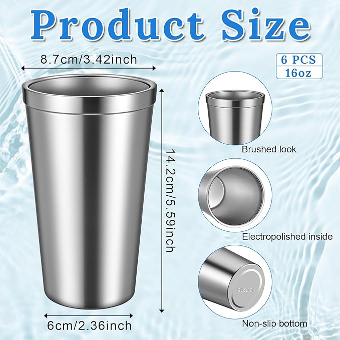 JJUNW 6 Pack Stainless Steel Cup 16 oz, Stackable Double Wall Vacuum Insulated Metal Drinking Glasses Reusable for Bbq Home Office Party Coffee