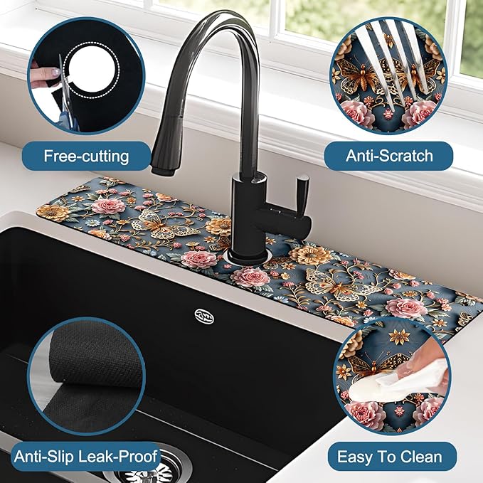 Gold Butterfly Kitchen Sink Splash Guard Faucet Mat Pink Floral Super Absorbent Fast Drying Mat Sink Splash Guard Behind Faucet for Kitchen Bathroom, 23.5"x5.5"