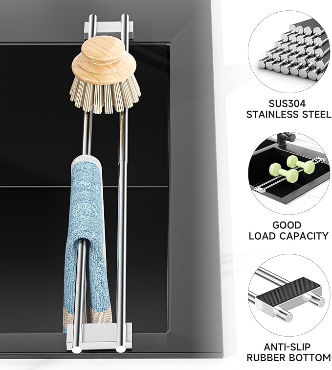 Dish Cloth Holder for Kitchen Sink, Adjustable Over-The-Sink Dish Rag Rack, Metal Kitchen Racks Sink Brush Holder, Drying Rack for Dishcloths, Sponges, Brushes, and Bottles (1, Sliver)