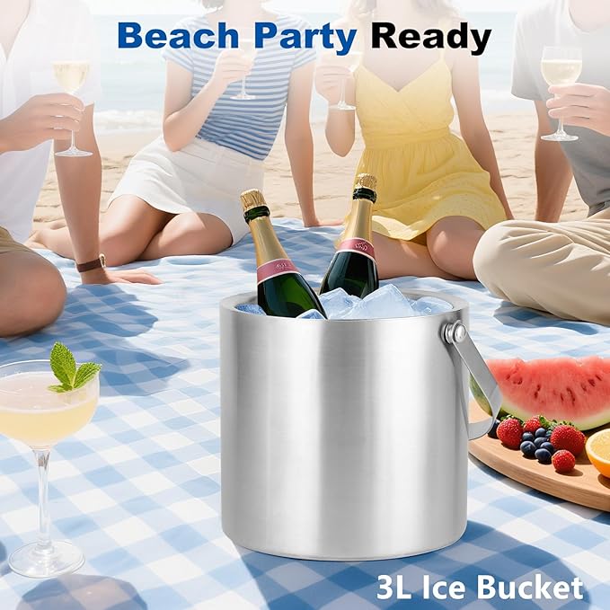 3L Stainless Steel Ice Bucket – Double-Wall Insulated Cooler Keeps Ice Frozen Longer for Wine, Champagne & Beer,Includes Lid, Handle, Tong & Scoop