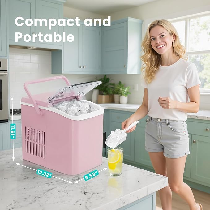 OLIXIS Ice Maker Machine with Handle,26lbs in 24Hrs,9 Ice Cubes in 6 Mins,Auto-Cleaning Portable Ice Maker with Basket and Scoop, Countertop Ice Maker for Home, Kitchen, Camping, RV - Pink