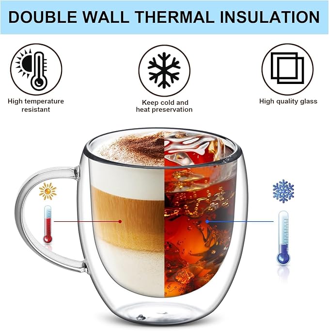 8 oz/250ml Double Walled Glass Coffee Mugs, Clear Coffee Cups and Mugs Set of 4, Cappuccino Latte Macchiato Glasses Cups with Handle, Espresso Mug Cups for Latte, Hot/Cold Drink