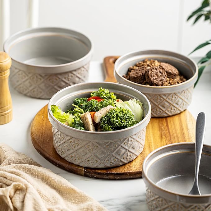 Ceramic Bowls with Lids set of 4, Soup Bowls, 28 oz Charcuterie Bowls Set for Kitchen, Food Storage Container Bowls Dishwasher & Microwave Safe for Salad, Pasta, Snack, Oatmeal, Fruit, Grey