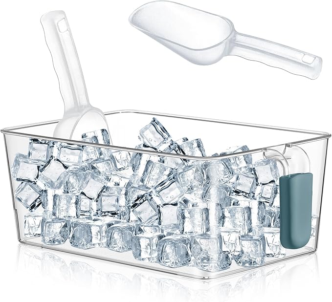 Havawish Ice Bin and Flexible Scoop Set Plastic Freezer Ice Bin with Pull out Handle Storage Bucket Clear for Container with Bucket Scoop (Dark Blue, Clear,10.83 x 7 x 4.33 in)