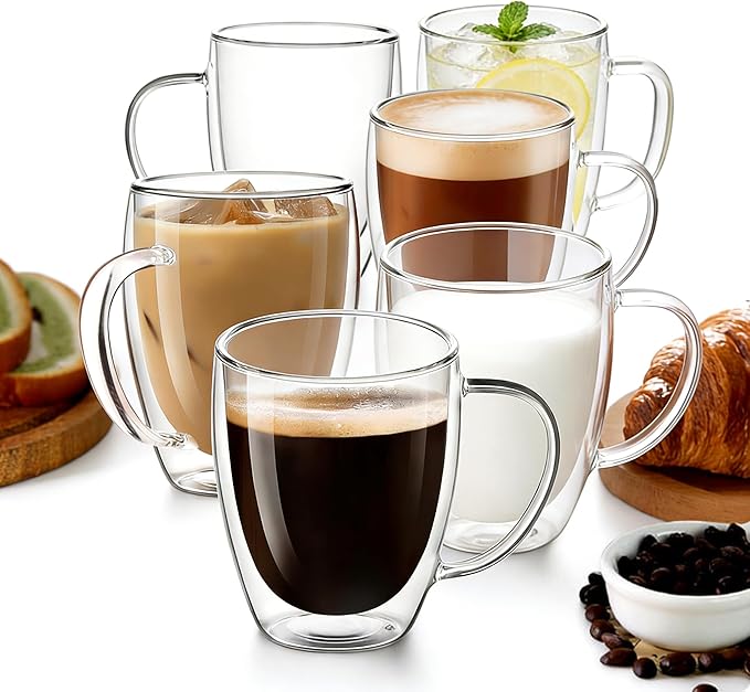 Etolies 6 Pack Double Walled Glass Coffee Mugs with Handle,12oz Borosilicate Glass coffee Cups - Insulated Clear Mugs for Espresso, Cappuccino, Latte, Tea Beverages, Drinking Glasses
