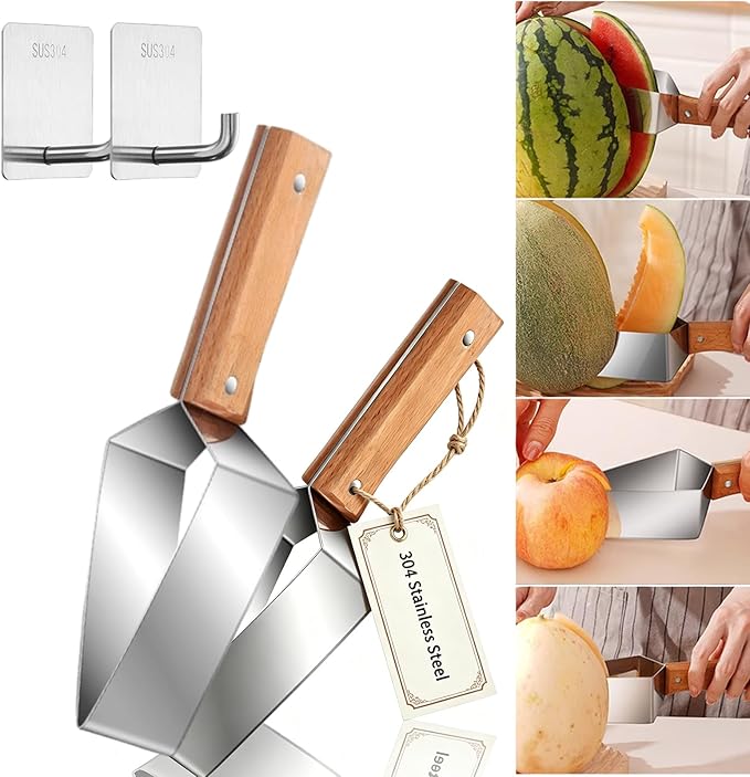Triangle Watermelon Cutter, 2026 Upgraded 304 Stainless Steel Watermelon Slicer with Wooden Handle - Melon Slicer, Fruit Cutter for Kitchen Gadgets (2 Pcs)