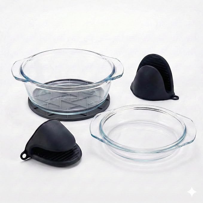 Glass Air Fryer Liners Set for 5-8 QT, Reusable Non-Toxic Glass Airfryer Basket Insert with Silicone Mitts & Trivet Mat, Oven & Dishwasher Safe Air Fryer Accessories