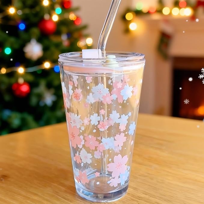 Olvini 15oz Glass Tumbler with Glass Straw and Lid, Cute Iced Coffee Cups, Aesthetic Glass Cups, Coffee Tumbler, Water Cup, Matcha Cup, Drinking Glasses (Cherry blossom)