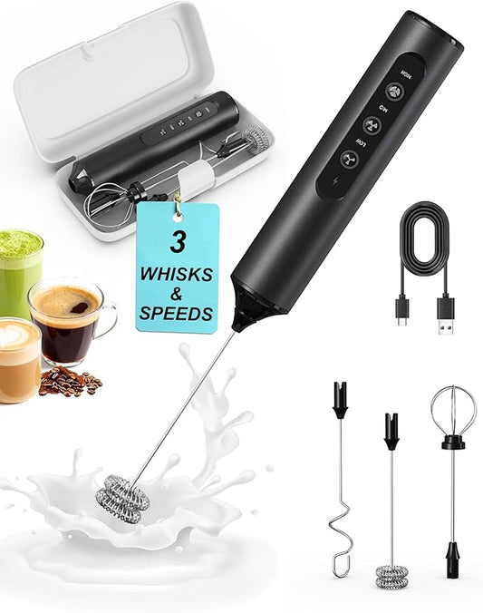 3-Speed Rechargeable Milk Frother with Storage Box, Dual Coil Whisk Coffee Frother Handheld - Portable Hand Frother Wand for Coffee Matcha Cappuccino & Hot Chocolate, Kitchen Gift Set