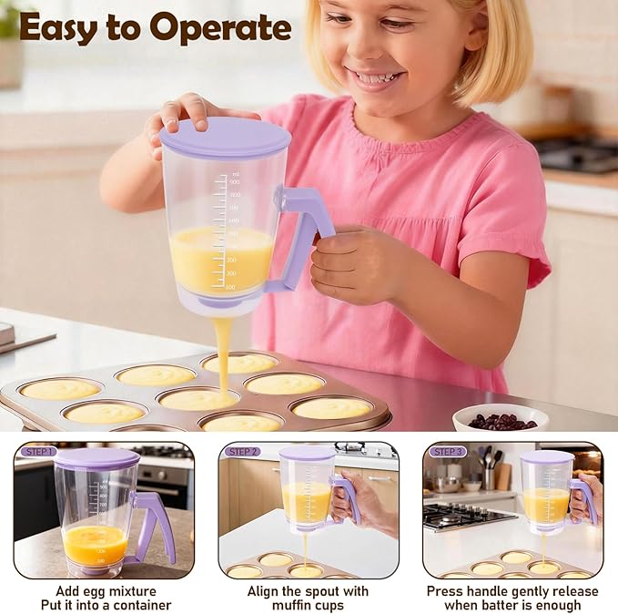Pancake Batter Dispenser, Kitchen Must Have Tool for Pancakes, Cupcake, Waffle, Cupcake & Crepe, Batter Separator Maker with Measuring Label and Squeeze Handle, Baking Supplies for Griddle