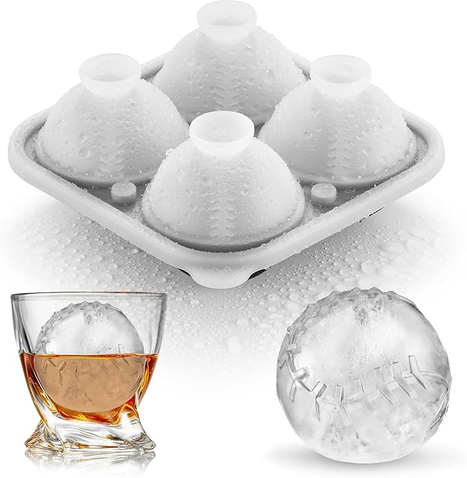 ACOOKEE Novelty Baseball Gifts Ball Ice Maker Mold, 2.2" Large Sphere Round Ice Cube Mold for Cocktails, Whiskey, Bourbon Chilling, 4 Hole Fun Shapes Big Silicone Circle Ice Cube Trays