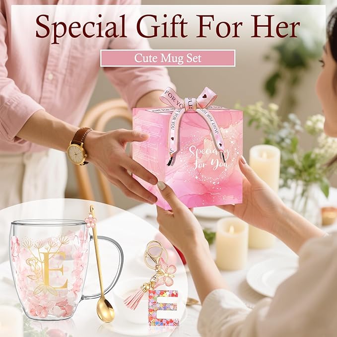 Personalized Gifts for Women Double Wall Glass Flower Coffee Mug Tea cup Monogrammed Customized Birthday Valentine Mother's Day Christmas Gift for Women Mom Wife Friends Sister Stocking Stuffers (E)