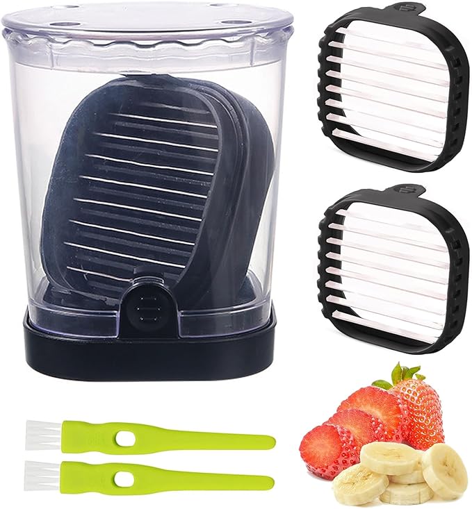 Detachable Fruit Slicer with 2 Blades, Stainless Steel Strawberry Slicer with Lid, Fruit Cutter with Push Plate for Banana Egg, Creative Cup Slicer, Must Have Vegetable Cutter Kitchen Gadget