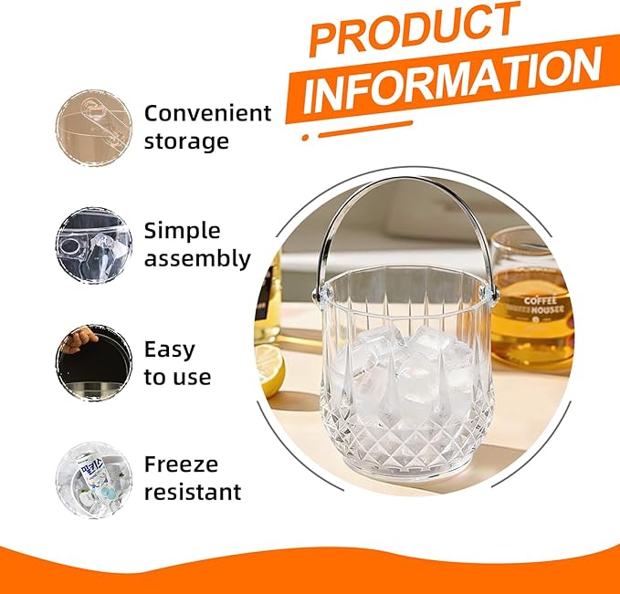 Crystal Ice Bucket with Handle & Tongs-1.1 L Plastic Clear Champagne Ice Buckets for Parties, Beer, Wine, Drinks, Cocktails,-Soda, Mimosa Bar Supplies (Style-B, 37 oz (1.1 L))