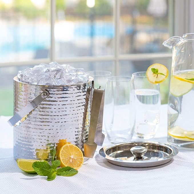 Hammered Ice Bucket - Ice Bucket with Tongs - Insulated Ice Bucket with Lid - Double Wall Ice Bucket 3 Quarts - By Colleta Home