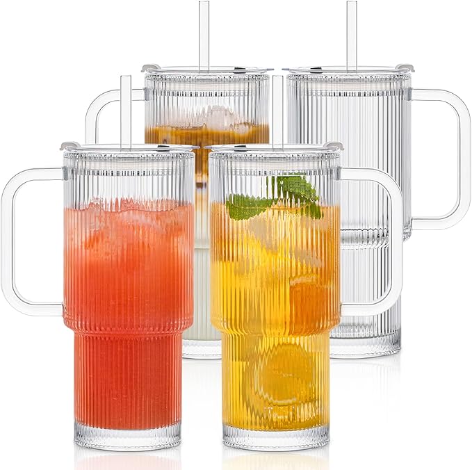 INSETLAN 24oz Ribbed Glass Tumbler with Handle & Lid – 4-Pack Large Iced Coffee Cups with Straws, Modern Glass Mug for Cold & Hot Beverages, Aesthetic Travel Cup for Smoothies, Tea, and Juice