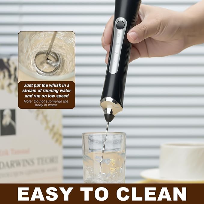 Handheld Electric Milk Frother with 2 Heads, Coffee Whisk Foam Mixer with USB Rechargeable 3 Speeds, Foam Maker Blender for Latte, Cappuccino, Hot Chocolate, Egg (Black with 2Head+Box)