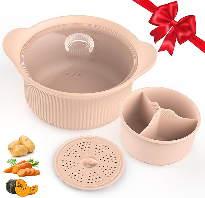 42oz Microwave Silicone Steamer 3 Compartmented for Vegetables/Fish/Baby Food, 4 in 1 Microwave Pot with Handle, Lid, Basket, Recipe ,Oven & Dishwasher Safe, Easy Clean, Korea Design 100% Food Grade (Pink)