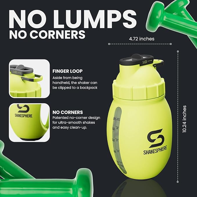SHAKESPHERE Protein Shaker Bottle Jug 1.3L – Double Walled, Leak Proof Gym & Mixer Bottle, BPA-Free, Durable Design with Easy-Grip Handle, Silicone Base, and Clear Viewing Window – Fluorescent Yellow