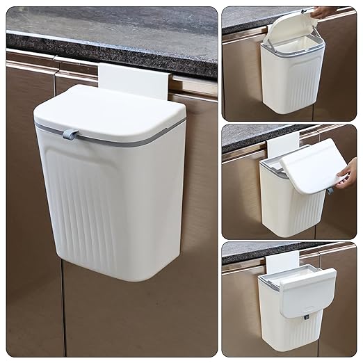 Zopnny Hanging Trash Can, 3.2 Gallon/12L Small Waste Bin with Lid for Kitchen Cabinet Door, Under Sink & Wall Mount Compost Bin, Food Waste Bin with Lid, 1 Pack White