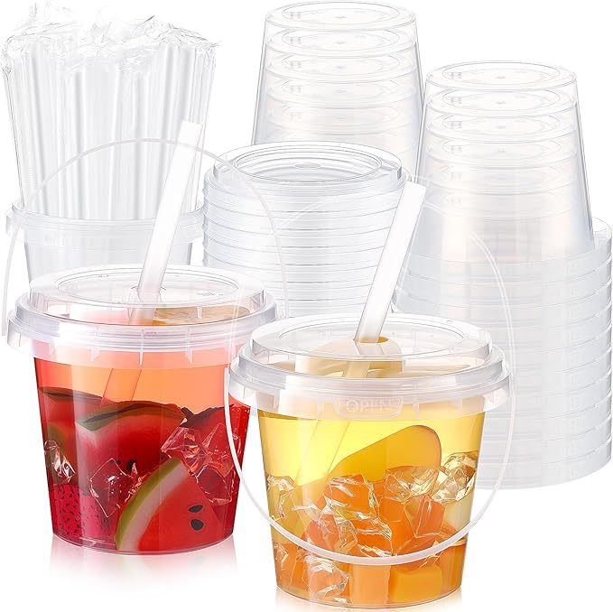 Funnymoom 200 Set 24oz Clear Plastic Drink Buckets with Lids and Straws Disposable Iced Coffee Cups Rum Buckets for Cocktail Parties Smoothie Cup Bulk with Handles for Beach Pool Party Supplies