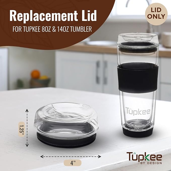 Tupkee Glass Sip Lid Black - Replacement Double Wall Glass Tumbler, 14oz & 8oz Hand Blown Travel Mug
