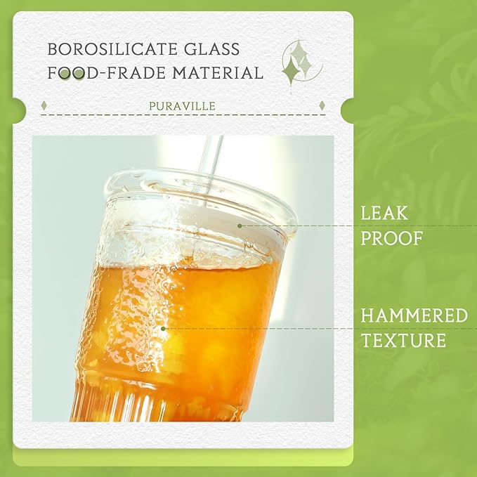 Puraville 20oz Glass Cups with Lids and Straws, 2 Pack High Borosilicate Iced Coffee Cups Drinking Glasses Tumbler for Smoothie, Water, Tea, Juice Drinks, Clear