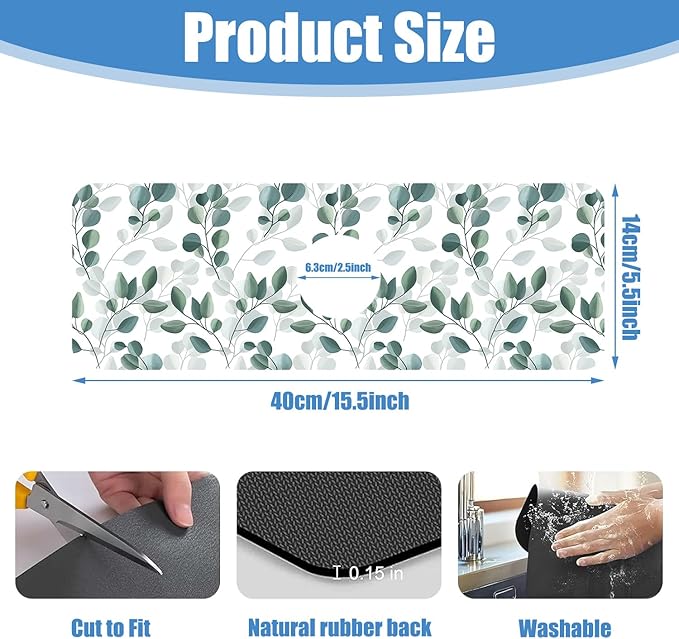 Sink Faucet Absorbing Mat Green Eucalyptus Leaf Sink Splash Guard Drying Mat for Kitchen Bathroom Faucet Sinkmat 15.5"X5.5"