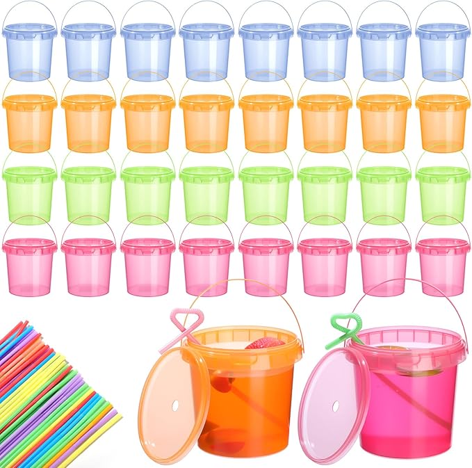 Funnymoom 32 Pack 32 oz Plastic Rum Buckets for Drinks with Straws Ice Cream Cocktail Bucket with Lids and Handles Reusable Food Containers Cup for Parties Summer Beach Bar Beer (Muticolor)