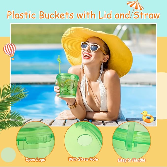 Funnymoom 24 Pack 34oz / 25oz Plastic Rum Buckets Bulks for Drinks with Straws Reusable Ice Cream Cocktail Cups Neon Party Bucket with Lids Handles Food Containers Cup for Summer Beach Bar Beer
