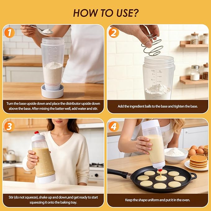 Pancake Batter Dispenser Bottle Kit with 7 Accessories, 1000ml Silicone Squeeze Pancake Mixer Bottle with Whisk Ball and Stand Base, Pancake Shaker Bottles for Cupcakes Muffins Waffle Crepes(2pack)