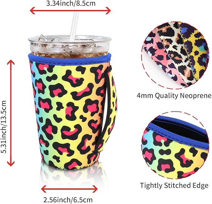 4Pack Reusable Iced Coffee Sleeve Insulator Sleeves for Cold Drinks Beverages, Neoprene Cup Holder for Most Coffee, Fits 22-24oz Medium Cups (Leopard with handle)