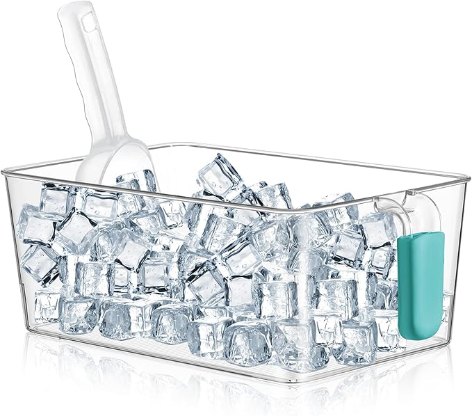 Havawish 1 Set Ice Bin and Flexible Scoop Set Plastic Freezer Ice Bin with Pull out Handle Storage Bucket Clear for Container with Bucket Scoop (10.83 x 7 x 4.33 in,Blue)