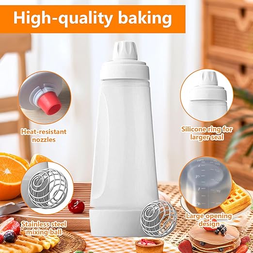 2 Pack Pancake Batter Dispenser,Pancake Batter Dispenser Bottle with Whisk Ball & Stand Base,Batter Mixer and Dispenser,Kitchen Baking Tool for Cupcakes,Muffins,Crepes,Waffle