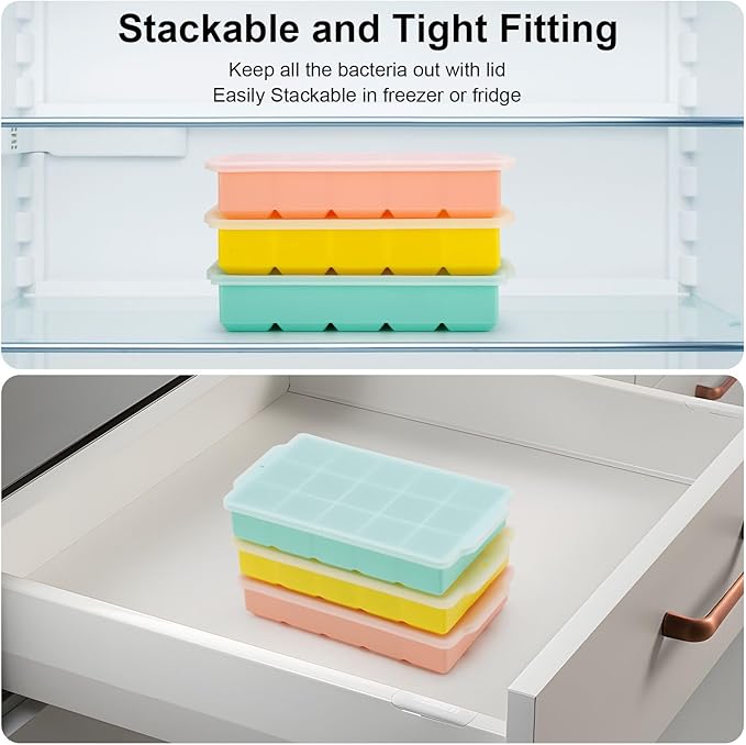 Reespring Silicone Ice Cube Tray, Ice Tray for Freezer with Lid, 3 Pack Ice Cube Trays for Freezer with 45 Flexible Easy Release Ice Trays