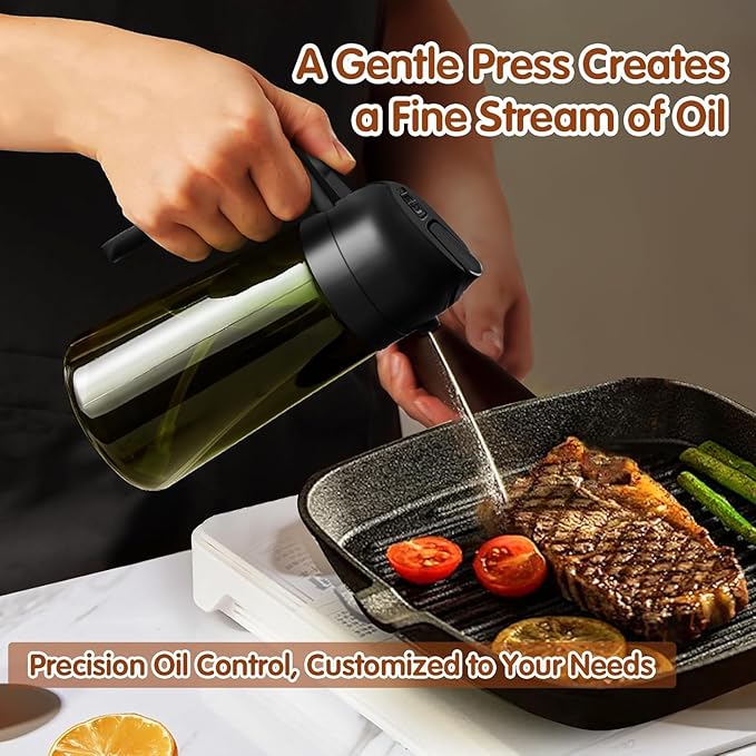 16oz/470ml Glass Olive Oil Sprayer for Cooking - 2 in 1 Olive Oil Dispenser for Kitchen Gadgets, Air Fryer, Salad, and BBQ (black)