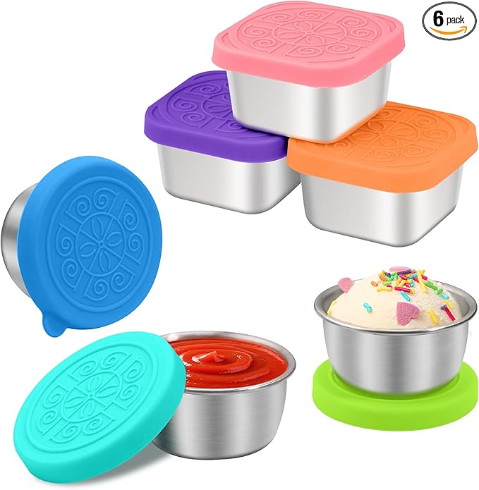 LIEMAND 6PCS Salad Dressing Container to Go, Leakproof Reusable Stainless Steel small container with lid,Sauce Containers for Lunch box,Picnics,Travel,Office and Meal Prep-1.6+2.7 Sets