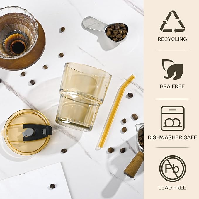 13oz Reusable Iced Coffee Tumbler with Lids,Clear Tumbler Water Glass,2 Pack Glass Cups with Straw and Lid,Glass to go Coffee Cup for Drinking Matcha, Water, and Juice(Amber